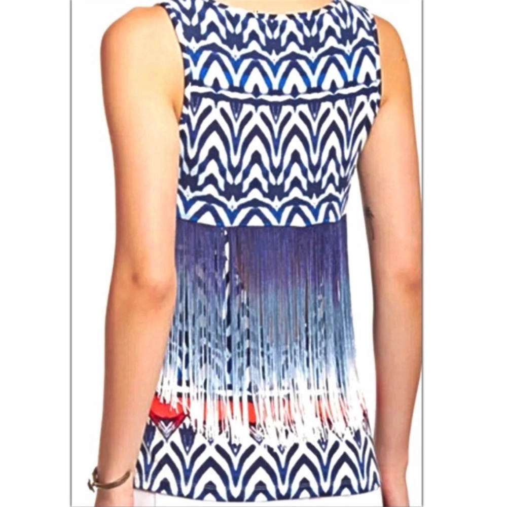 NWT Tart V Neck Criss Cross Navy & Red Fringe Open Back Statement Top